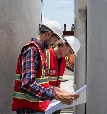 Two men in hard hats and vests examining construction plans together at a worksite