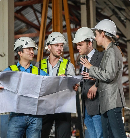 Three individuals in hard hats and vests examine a blueprint together at a construction site