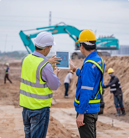 Two construction workers in hard hats stand in front of a construction site, discussing plans and surveying the area