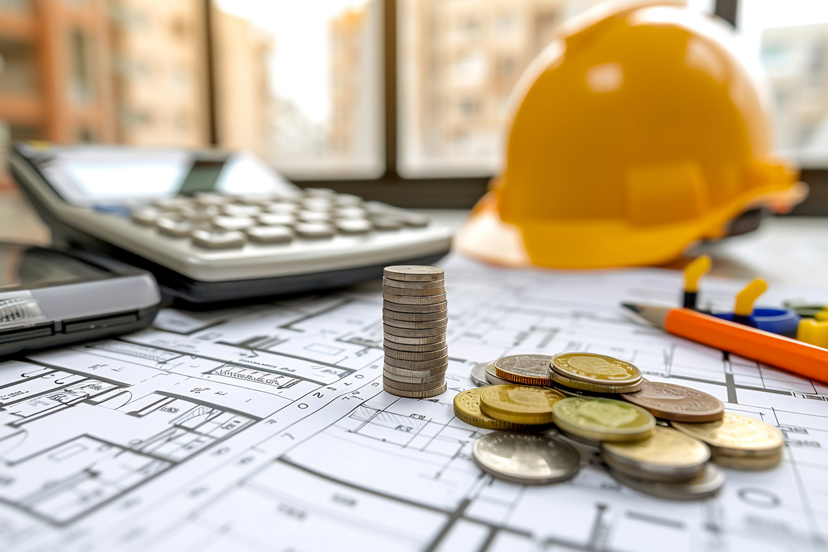 A hard hat, calculator, coins, and construction plans, highlighting essential risks in construction project management.