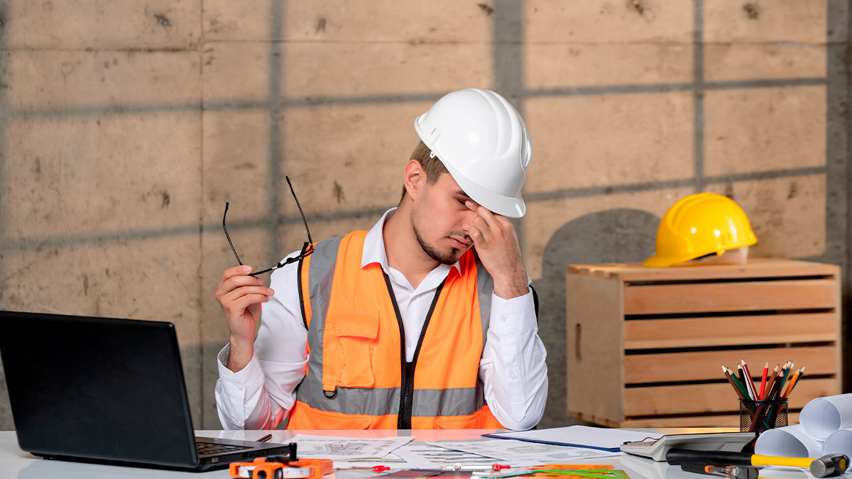 A man wearing an orange vest works at a desk with a laptop, addressing critical construction project risks.