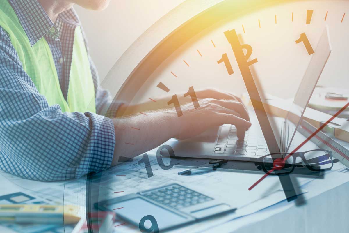 Engineer builder busy overlay times clock for working hours work compete with building timeline or project time frame.