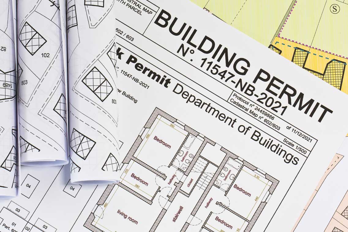 APPROVED BUILDINGS PERMIT CONCEPT in buildings activity with approved residential building project, imaginary cadastral map and General Urban Plan